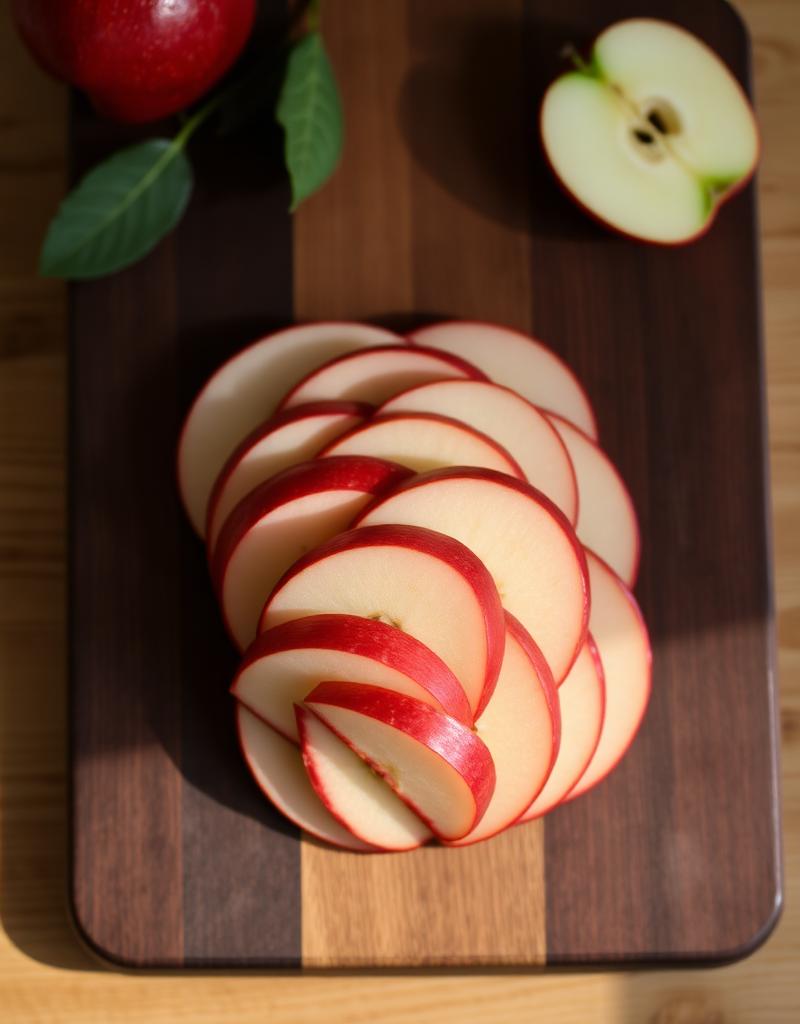 Appelschijfjes spiraalsgewijs gelegd op een donker houten snijplankje