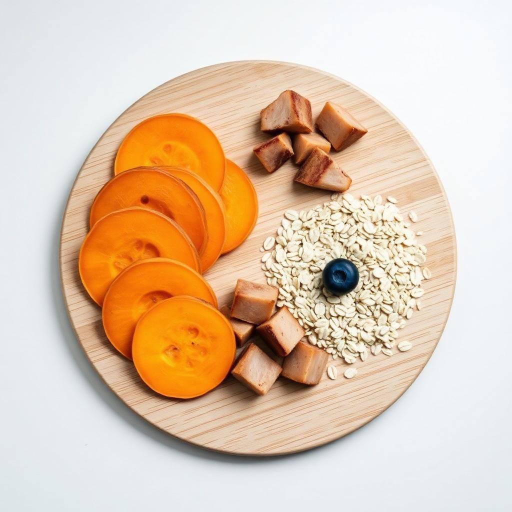 Zoete aardappelplakjes, blokjes eendenvlees, havermout en een blauwe bes op een licht houten plank
